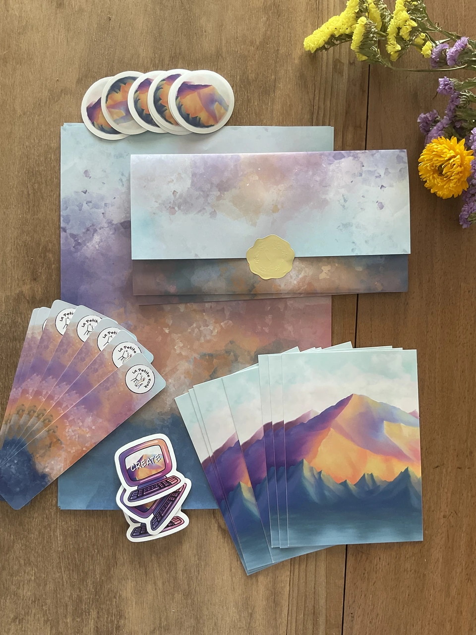 September Mailclub edition with colourful mountains, letter, bookmarks and stickers